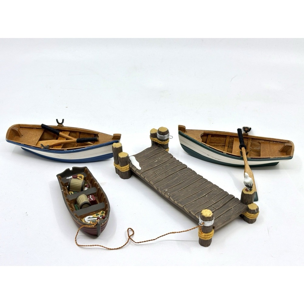 Vintage Department 56 HV Series Sitting Seagull on Snowy Wooden Pier & Rowboats